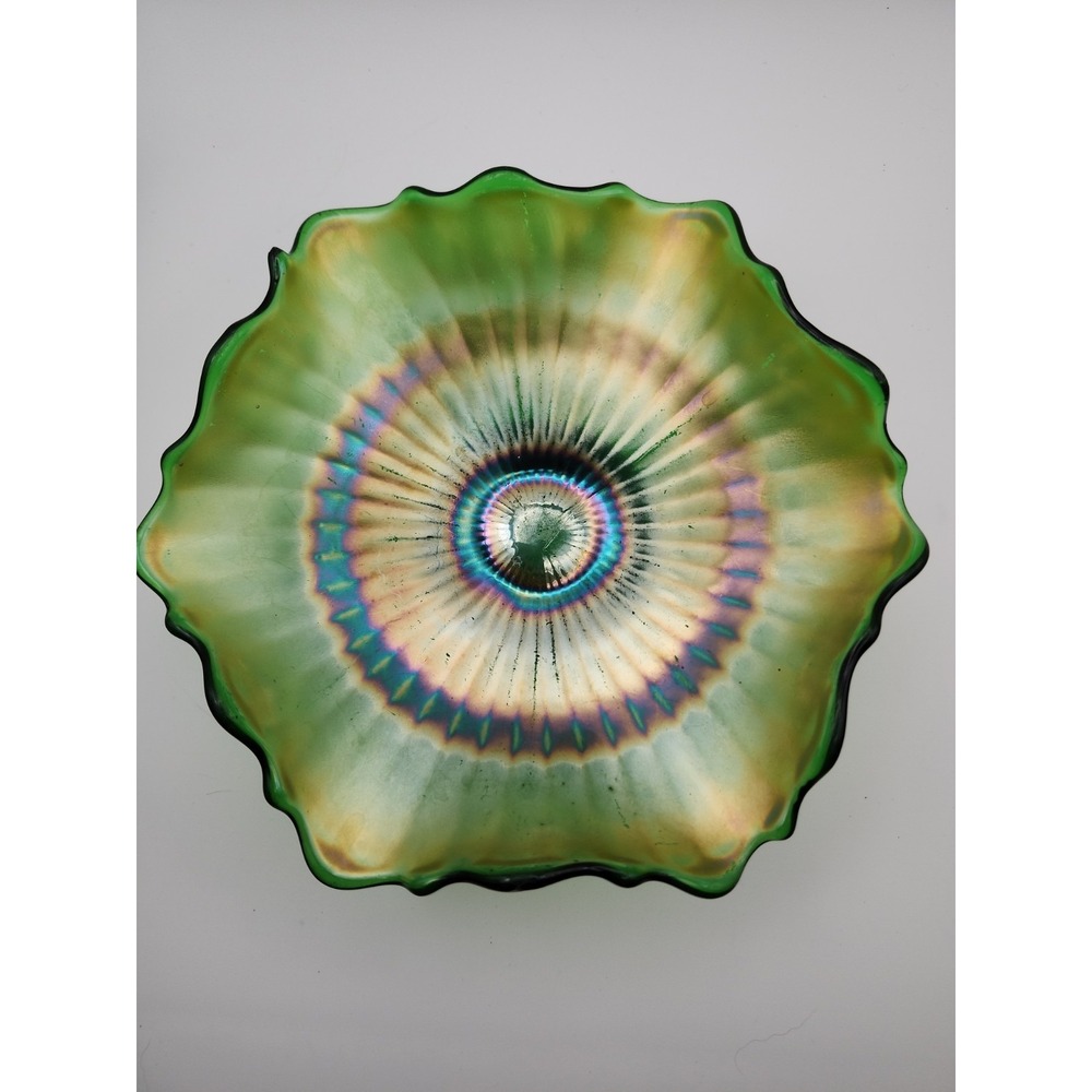 VINTAGE FENTON CARNIVAL GLASS STIPPLED RAYS GREEN / IRIDESCENT 5.4" BOWL